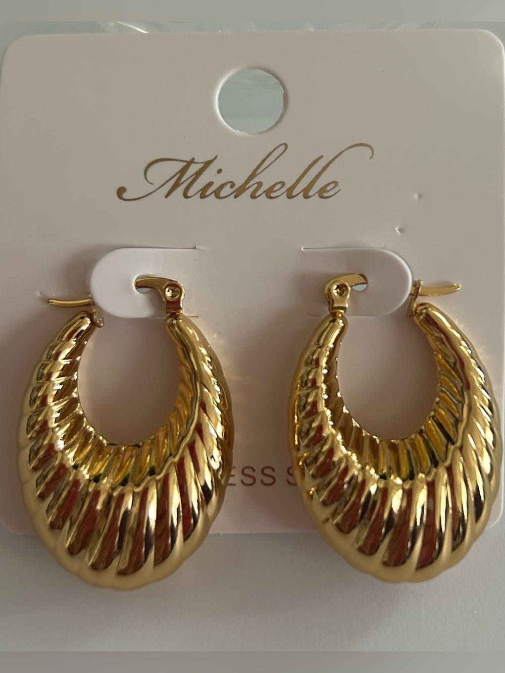 Michelle Gold Stainless Steel Ribbed Chunky Hoop Earrings NWT